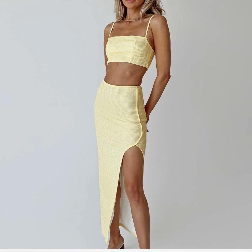 Princess Polly Pale Yellow High-Waist Asymmetric Midi Skirt Crop Top Set.